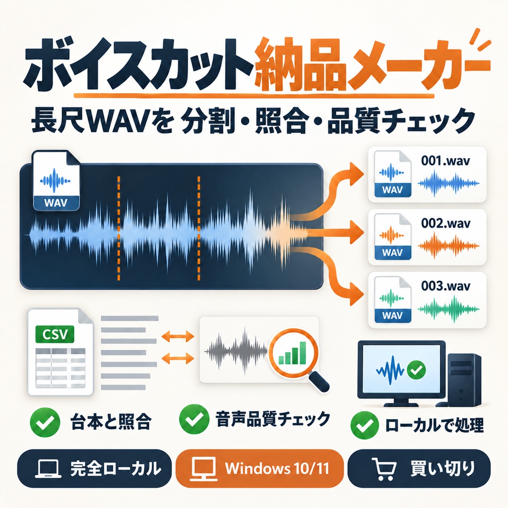 ボイスカット納品メーカー｜長尺WAVを台本照合・自動分割・音質チェック【Windows】