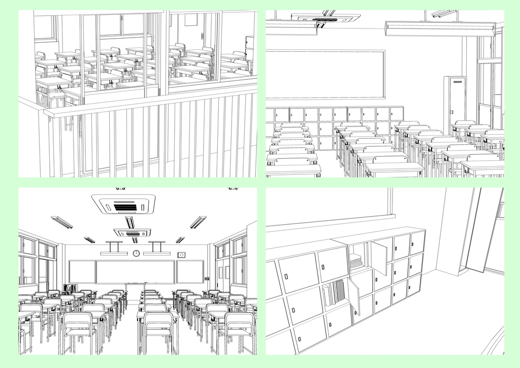 ベランダのある学校セット(校舎外観・廊下データ付き)
