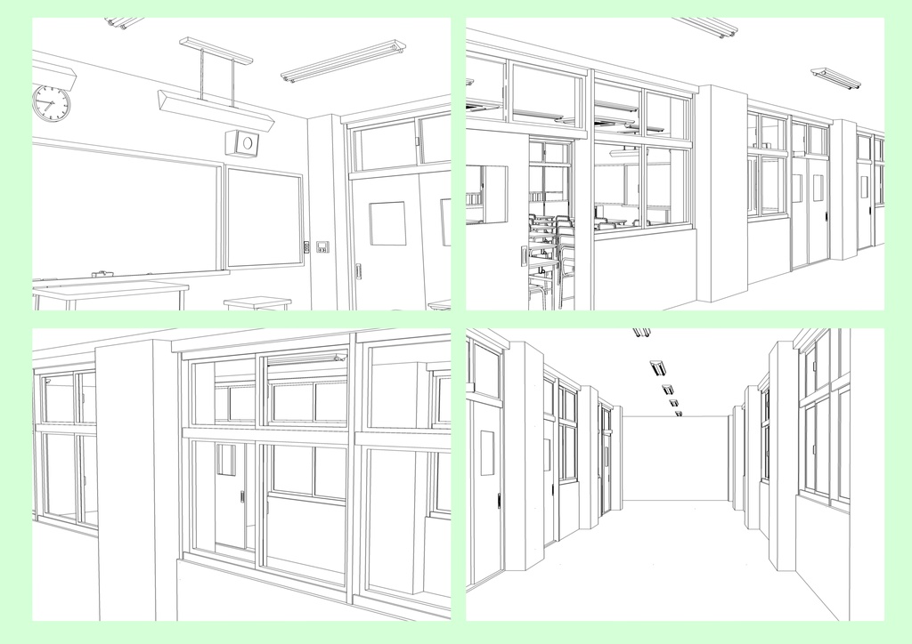 ベランダのある学校セット(校舎外観・廊下データ付き)