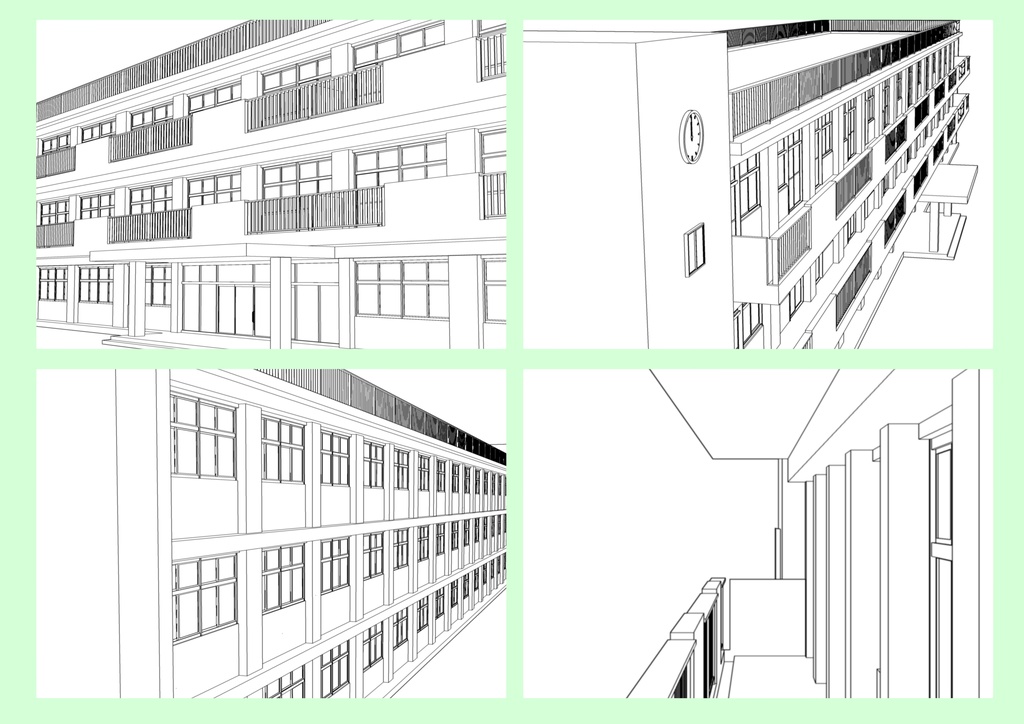 ベランダのある学校セット(校舎外観・廊下データ付き)