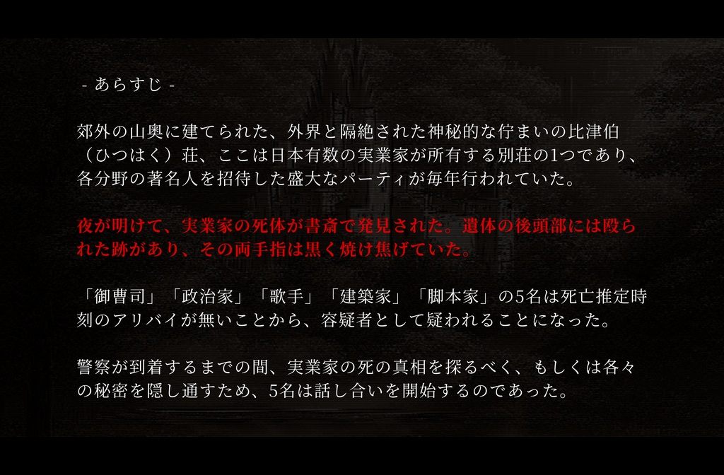 5人用オンラインマーダーミステリー『比津伯荘の殺人』