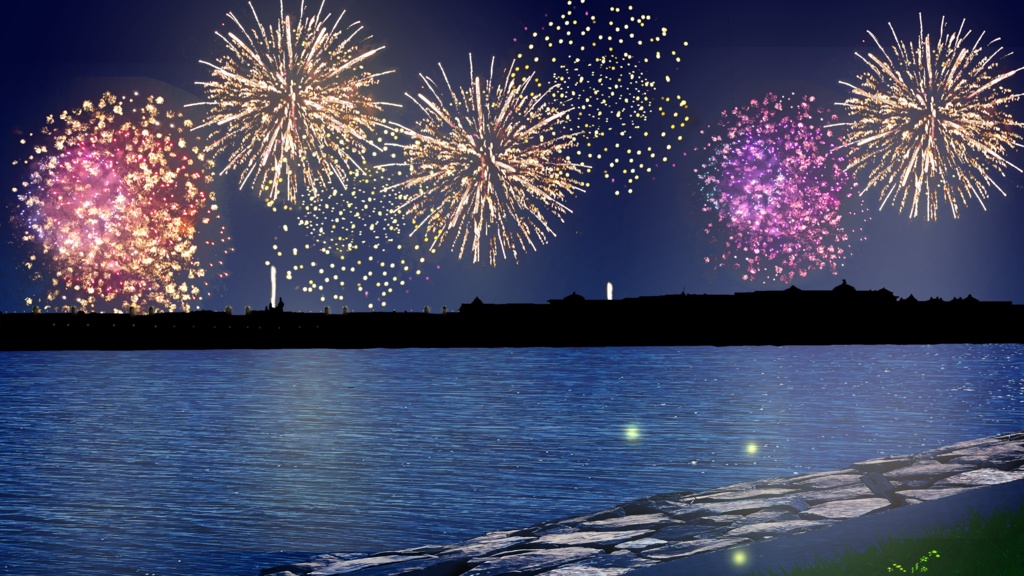 河川の花火風景