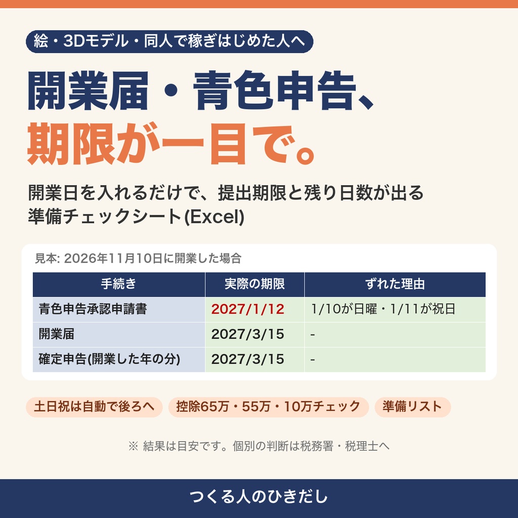 【開業届 青色申告】開業日を入れるだけで提出期限と残り日数が出るExcel|控除65万・55万・10万チェック&準備リスト|イラスト・3Dモデル・同人クリエイター向け
