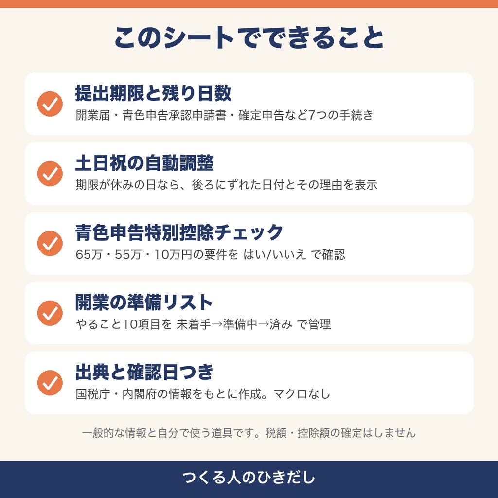 【開業届 青色申告】開業日を入れるだけで提出期限と残り日数が出るExcel|控除65万・55万・10万チェック&準備リスト|イラスト・3Dモデル・同人クリエイター向け