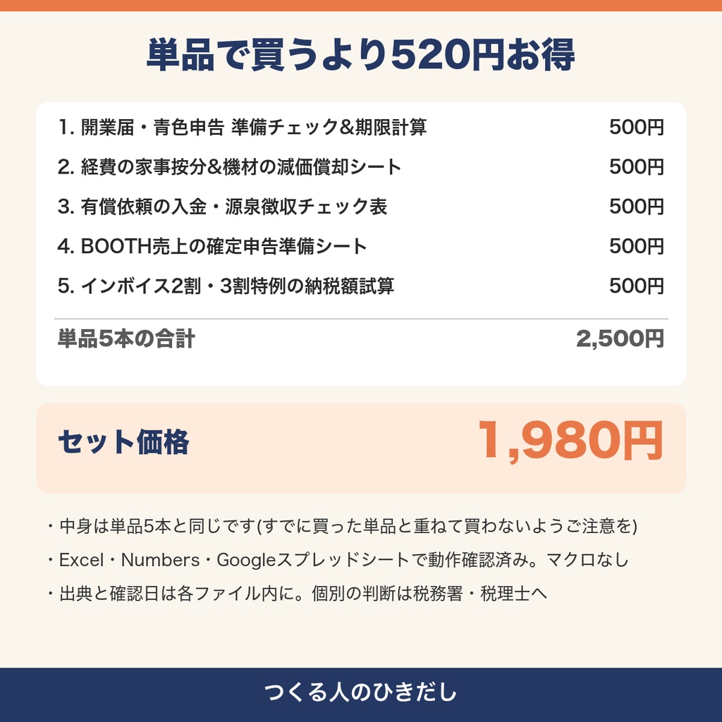 【確定申告 5本セット】開業届・家事按分・減価償却・源泉徴収・BOOTH売上・インボイスをまとめて準備できるExcel|イラスト・3Dモデル・VRChat クリエイター向け