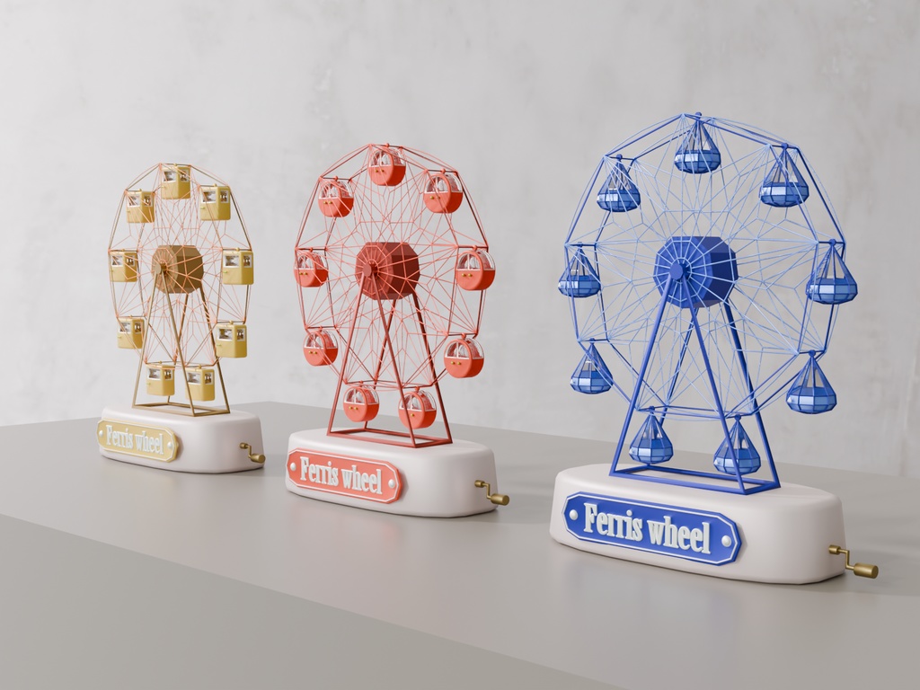 【Blender対応】3Dモデル:アニメーション付き・オルゴール風 観覧車3種セット