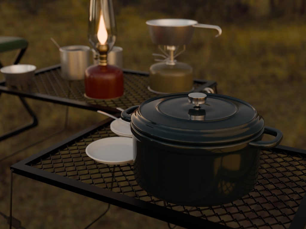 【Blender対応】3Dモデル:アウトドア用品・Cセット/テーブル+小物セット