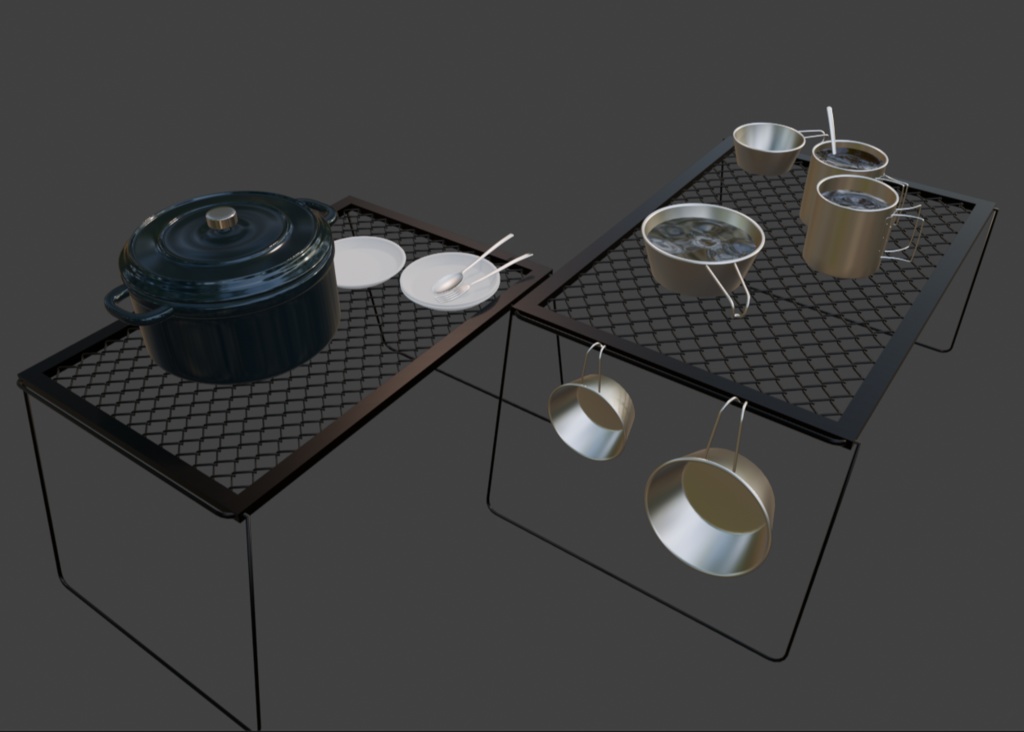 【Blender対応】3Dモデル:アウトドア用品・Cセット/テーブル+小物セット