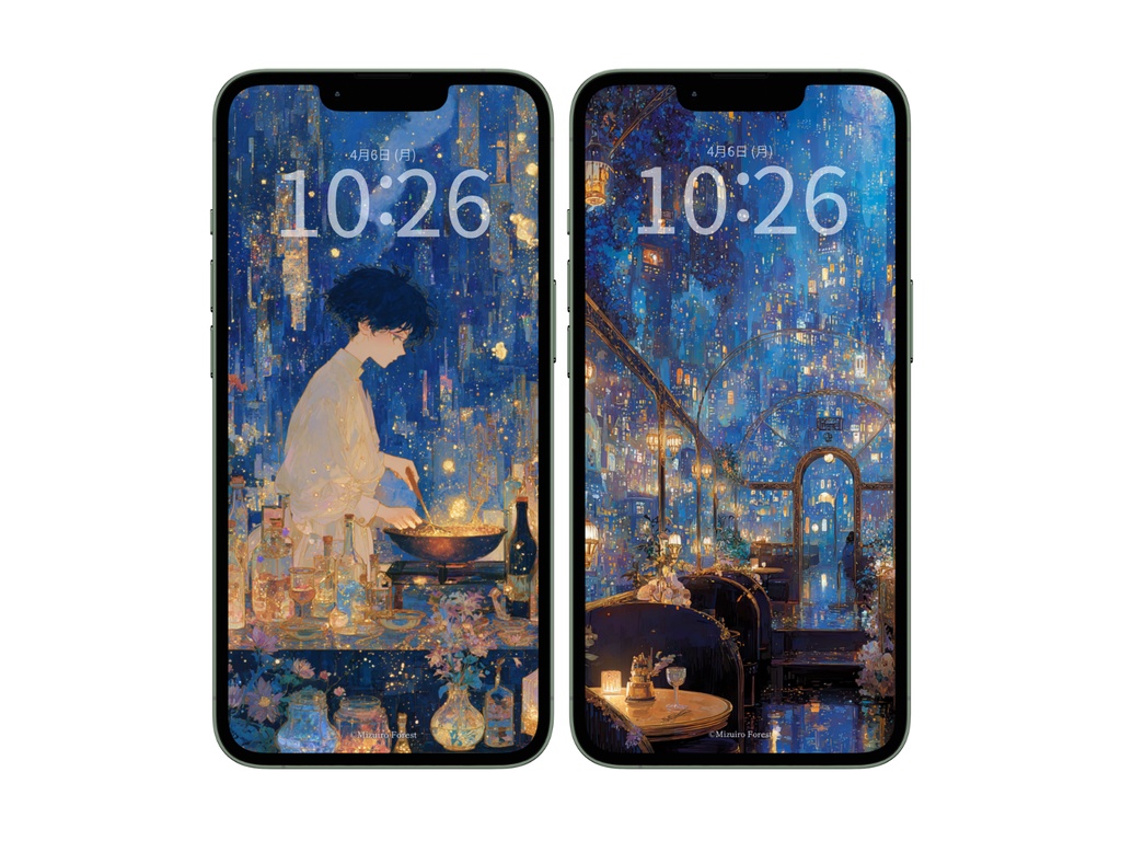 【スマホ壁紙】魔法街と星屑のキッチン(2枚セット)