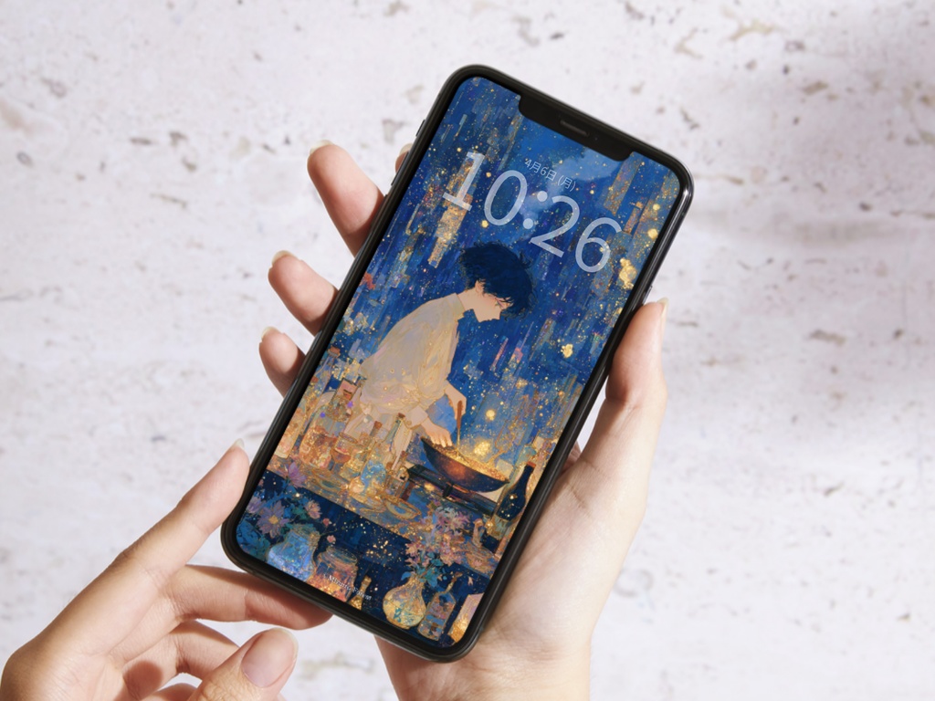 【スマホ壁紙】魔法街と星屑のキッチン(2枚セット)