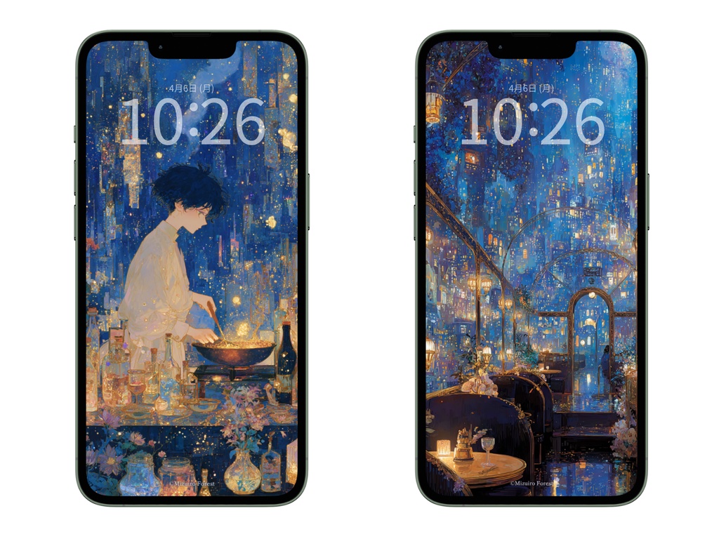 【スマホ壁紙】魔法街と星屑のキッチン(2枚セット)