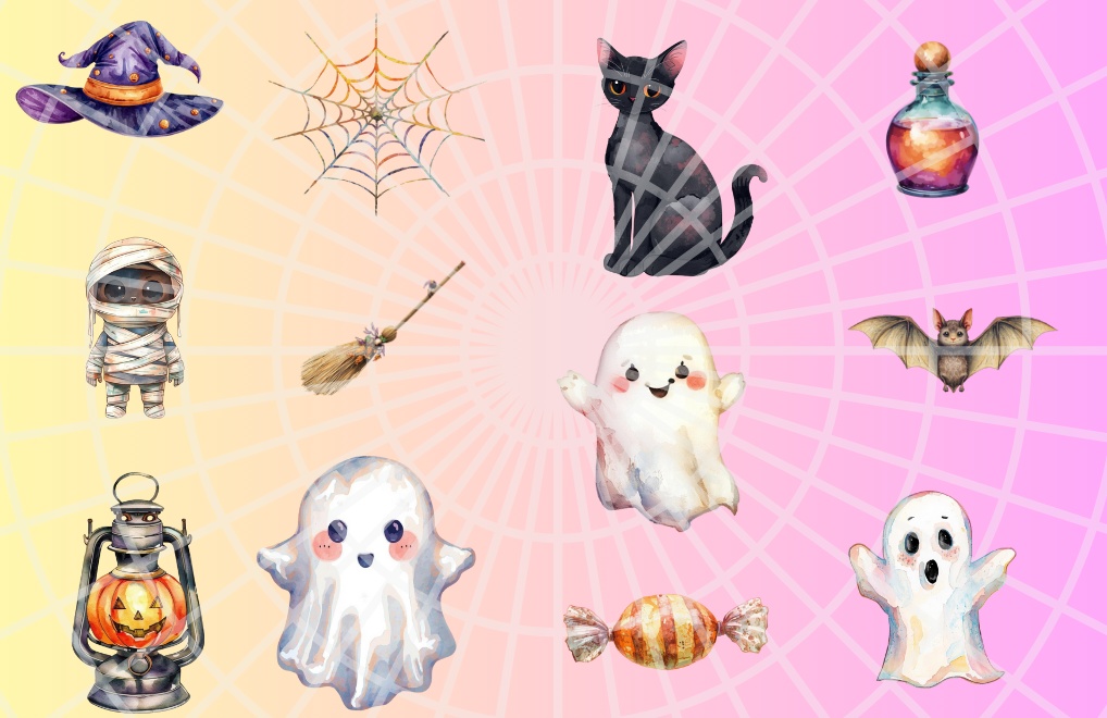 水彩画アンティーク・ハロウィンクリップアート12セット - 【PNG透過背景】