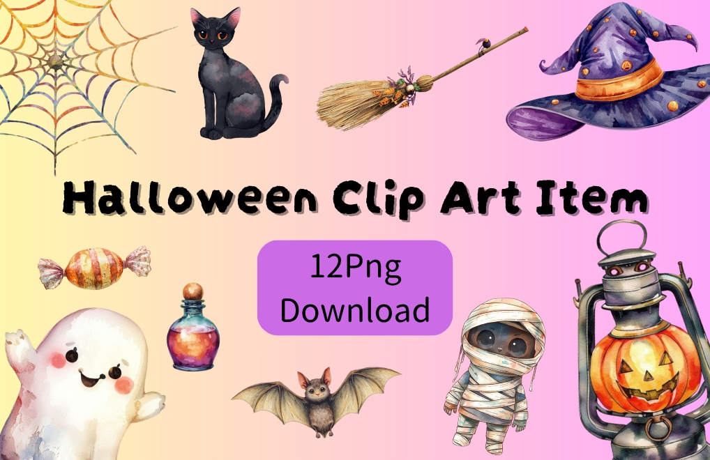 水彩画アンティーク・ハロウィンクリップアート12セット - 【PNG透過背景】