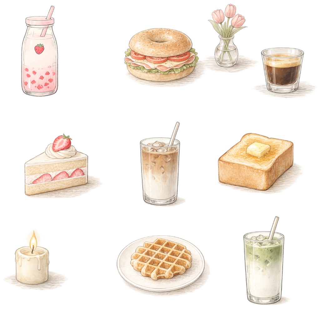 淡色カフェ風イラスト素材20点|20 Soft Cafe Aesthetic ClipArt Set