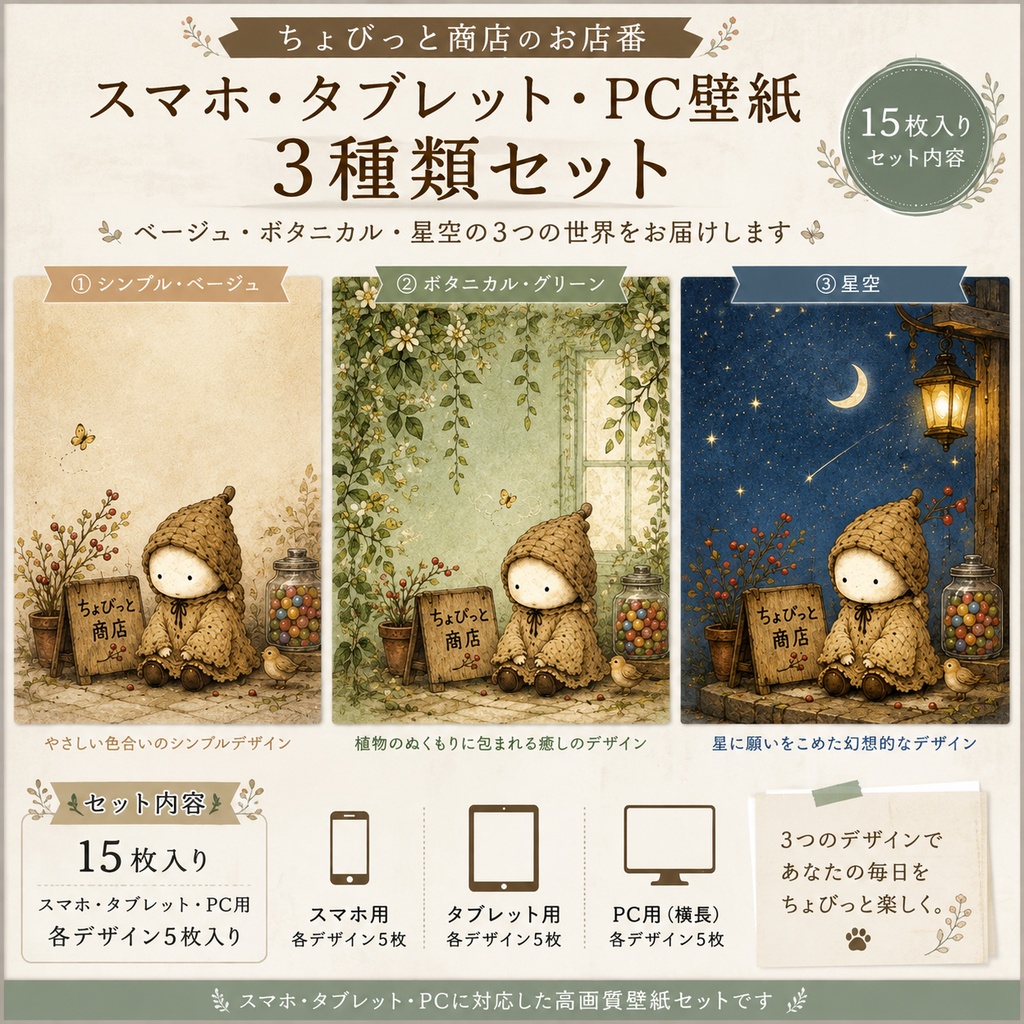 ちょびっと商店のお店番/スマホ、タブレット、ＰC壁紙3種類セット