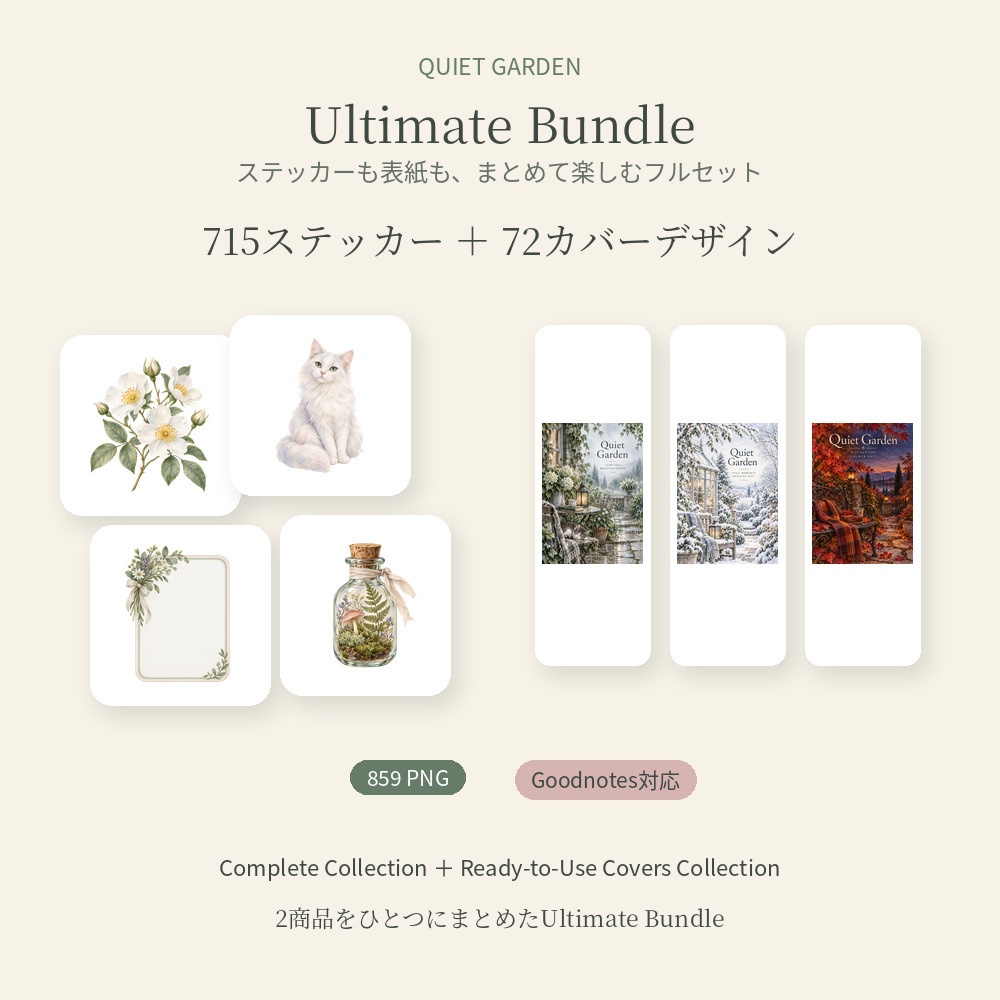 Quiet Garden Ultimate Bundle｜715点デジタルステッカー＋72デザインカバー｜Goodnotes対応