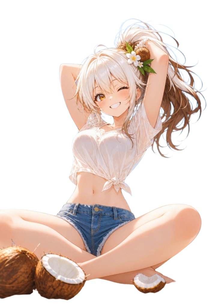 【商用可/背景透過】TRPG・ゲーム立ち絵：ココナッツスタイルのサマー少女（4枚セット） / Cute Coconut Girl Summer Sprite [Commercial Use OK]