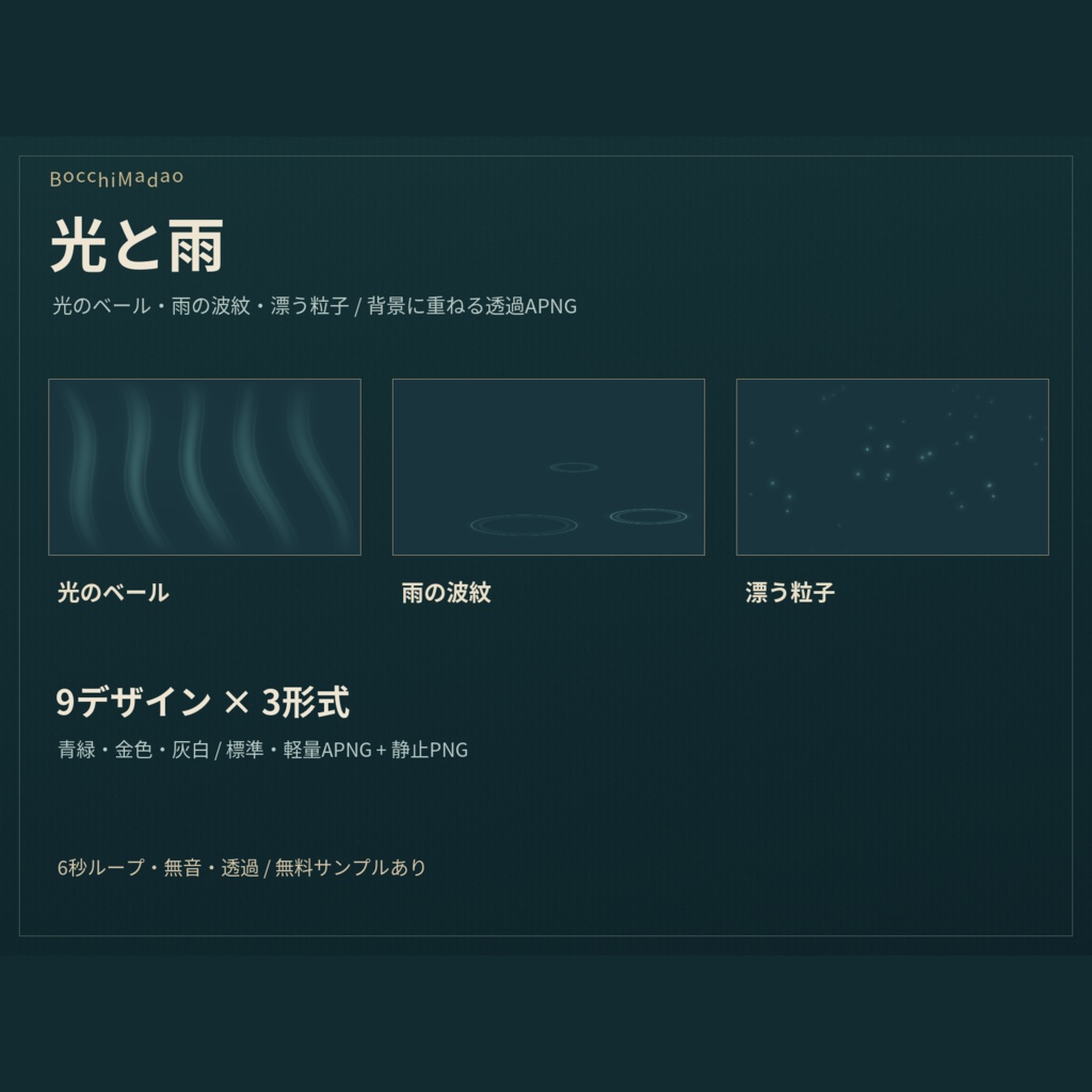 【ココフォリア／透過APNG】光と雨｜光・波紋・粒子 9デザイン＋軽量版・静止PNG｜v1.1