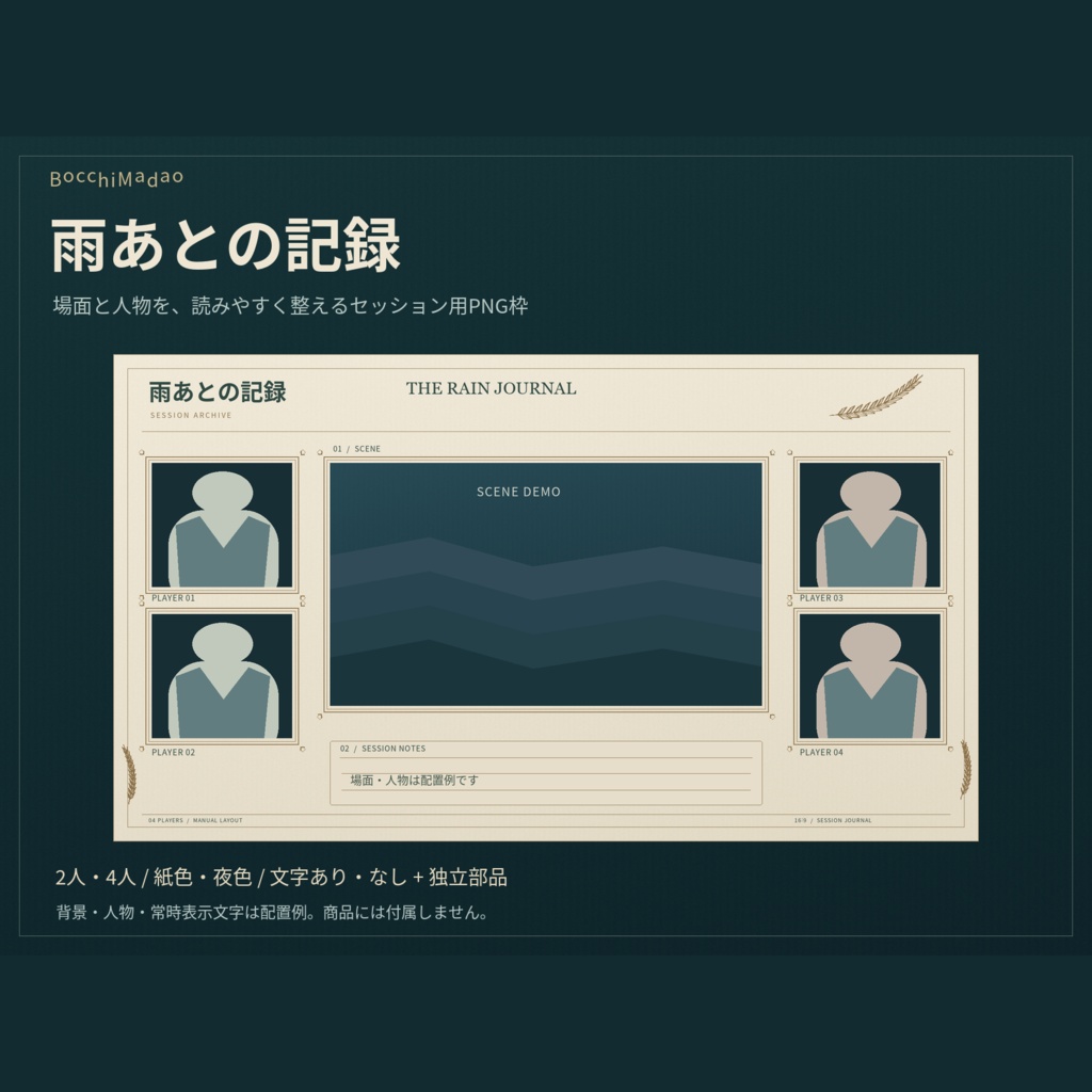 【ココフォリア／静止PNG】雨あとの記録｜2人・4人用の部屋枠＋独立部品｜v1.1
