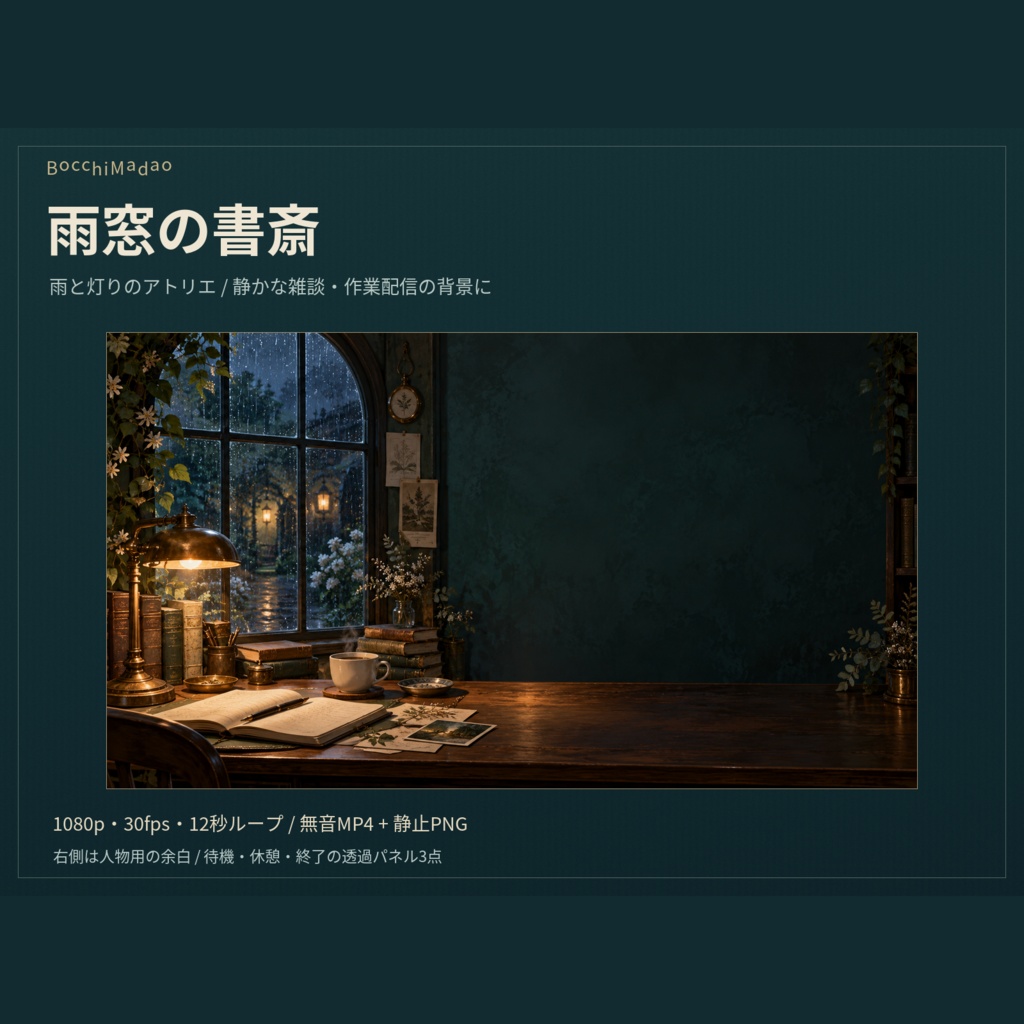 【動く配信背景/MP4】雨窓の書斎|雨と湯気の12秒ループ+待機・休憩・終了PNG|v1.1
