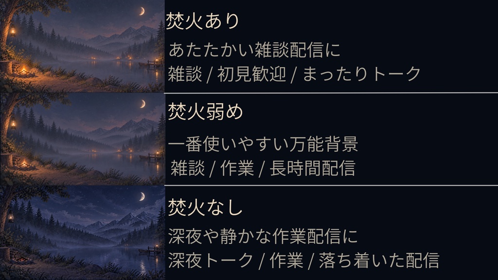 夜の湖畔キャンプ風 配信素材セット|背景3種・待機画面・終了画面・横広コメント欄・タイトル帯つき