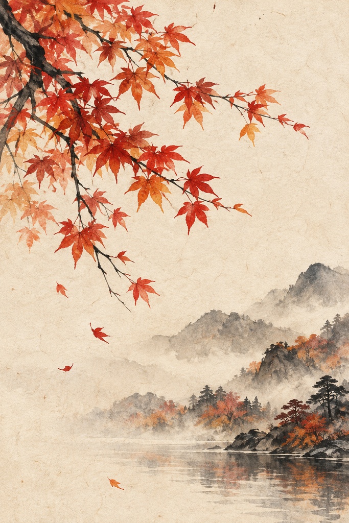 紅葉と余白｜秋の和モダン水墨画アート｜印刷用PDF