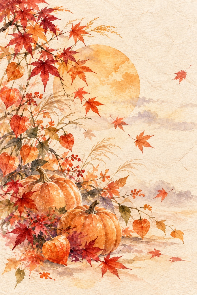 和モダン 秋のポストカード3枚セット｜紅葉・イチョウ・和風ハロウィン｜印刷用PDF