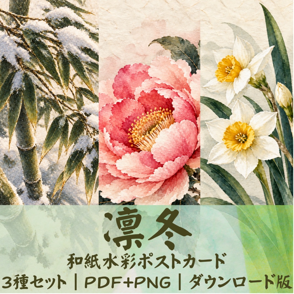 凛冬 和紙水彩ポストカード3種セット PDF+PNG ダウンロード版