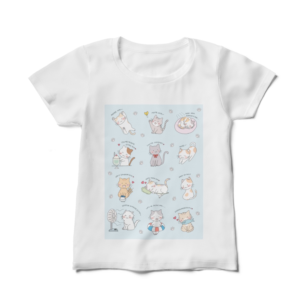 ねこがいっぱいTシャツ レディース M・L(背景水色)