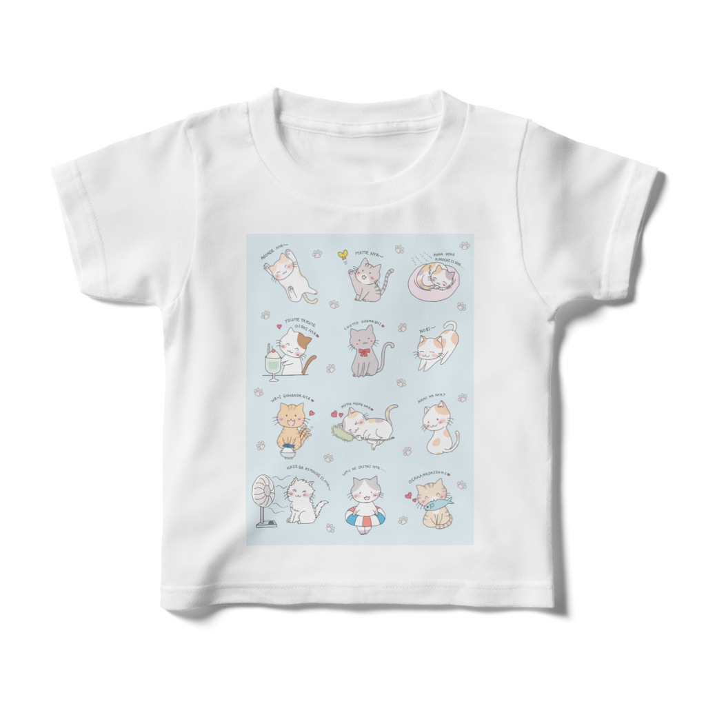 ねこがいっぱいTシャツ キッズ 100~160cm(背景水色)