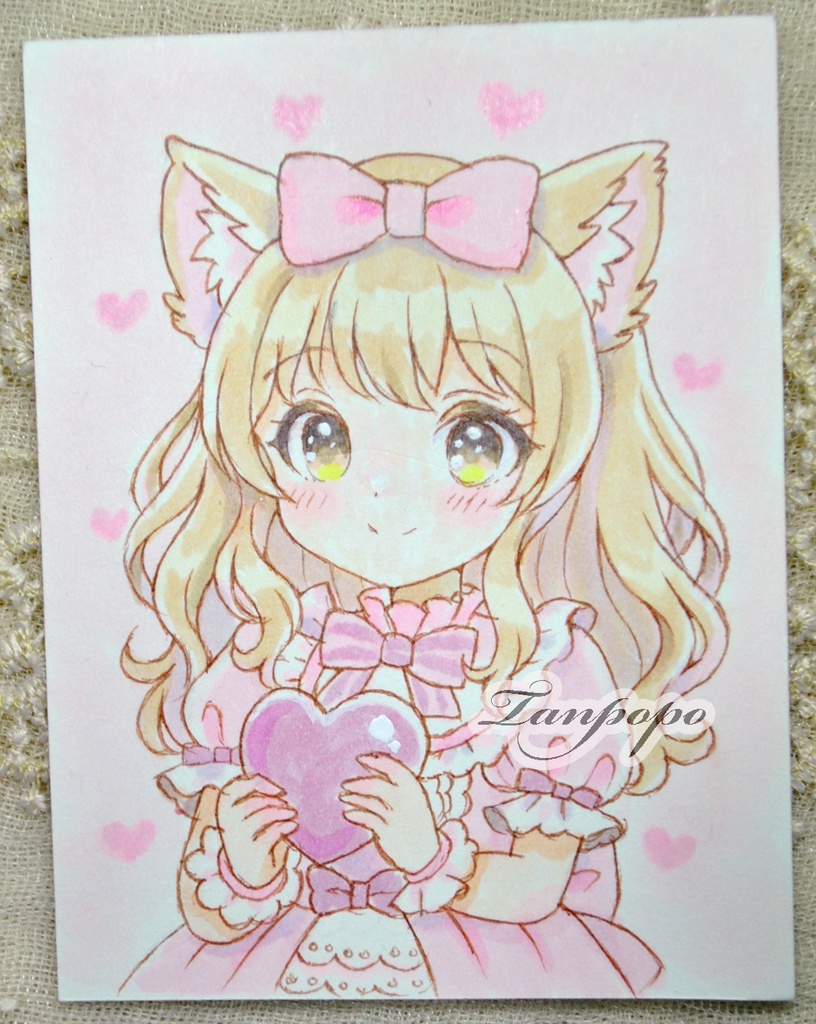 手描きイラスト 原画 ハートと猫耳の女の子
