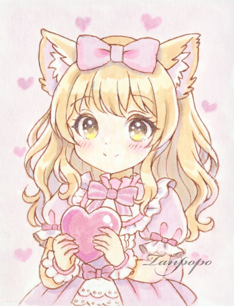 手描きイラスト 原画 ハートと猫耳の女の子