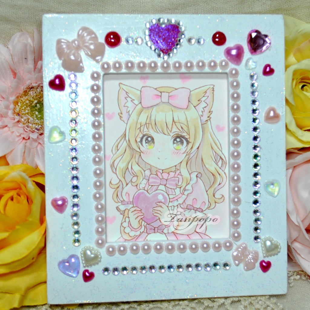 手描きイラスト 原画 ハートと猫耳の女の子