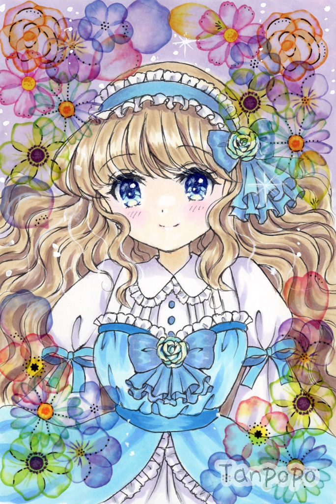 手描きイラスト原画 花と少女