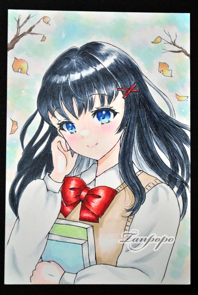 手描きイラスト 原画 秋風と制服黒髪少女
