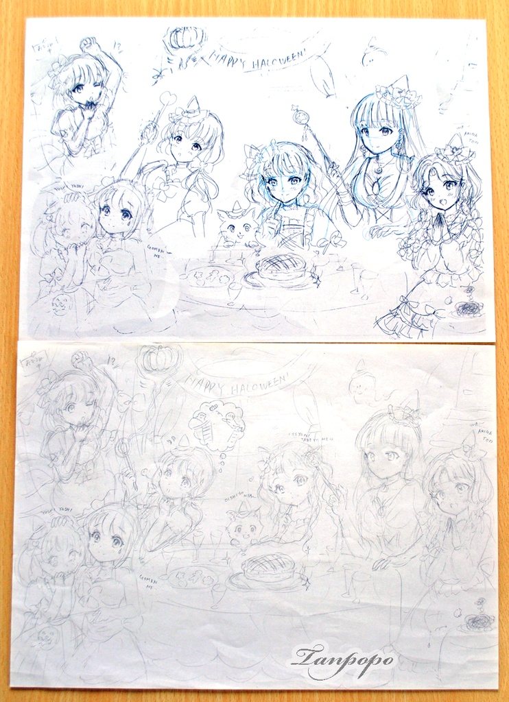 手描きイラスト原画 「7人の仲良し魔女さんたちのハロウィンパーティー」(おまけ漫画4枚・ラフ・過去イラストポストカード付き)