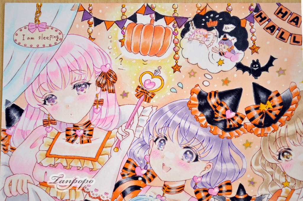 手描きイラスト原画 「7人の仲良し魔女さんたちのハロウィンパーティー」(おまけ漫画4枚・ラフ・過去イラストポストカード付き)