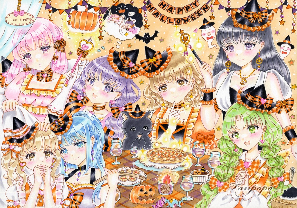 手描きイラスト原画 「7人の仲良し魔女さんたちのハロウィンパーティー」(おまけ漫画4枚・ラフ・過去イラストポストカード付き)
