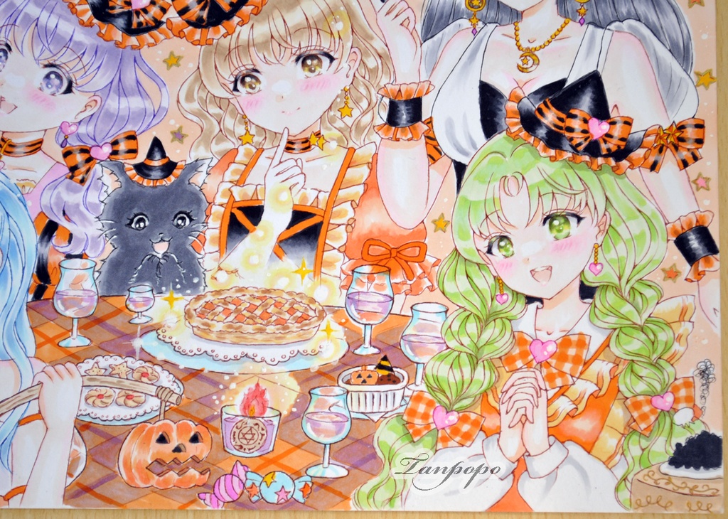 手描きイラスト原画 「7人の仲良し魔女さんたちのハロウィンパーティー」(おまけ漫画4枚・ラフ・過去イラストポストカード付き)