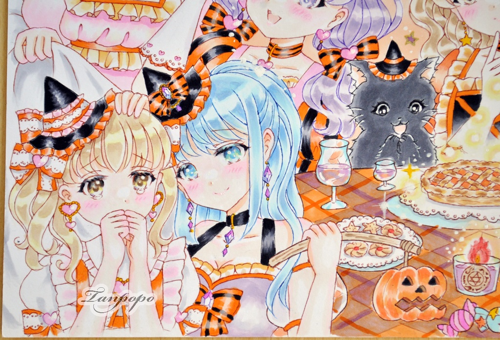 手描きイラスト原画 「7人の仲良し魔女さんたちのハロウィンパーティー」(おまけ漫画4枚・ラフ・過去イラストポストカード付き)