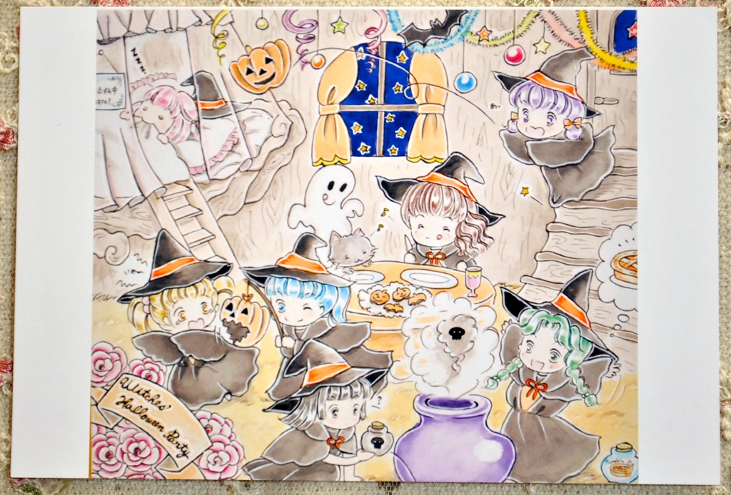 手描きイラスト原画 「7人の仲良し魔女さんたちのハロウィンパーティー」(おまけ漫画4枚・ラフ・過去イラストポストカード付き)