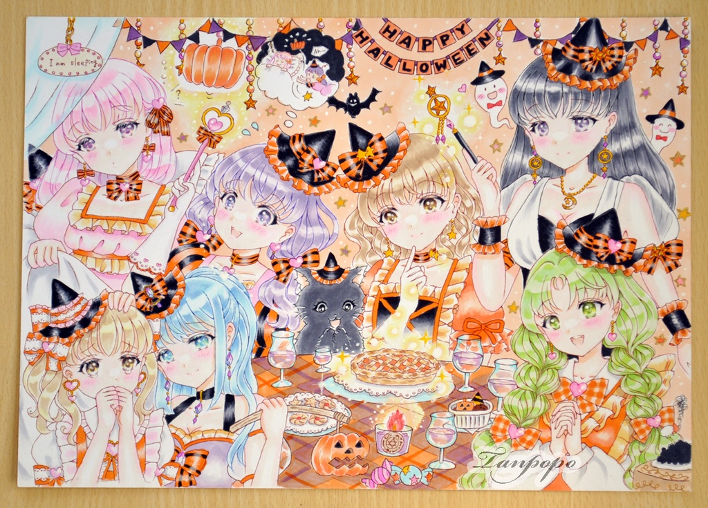 手描きイラスト原画 「7人の仲良し魔女さんたちのハロウィンパーティー」(おまけ漫画4枚・ラフ・過去イラストポストカード付き)
