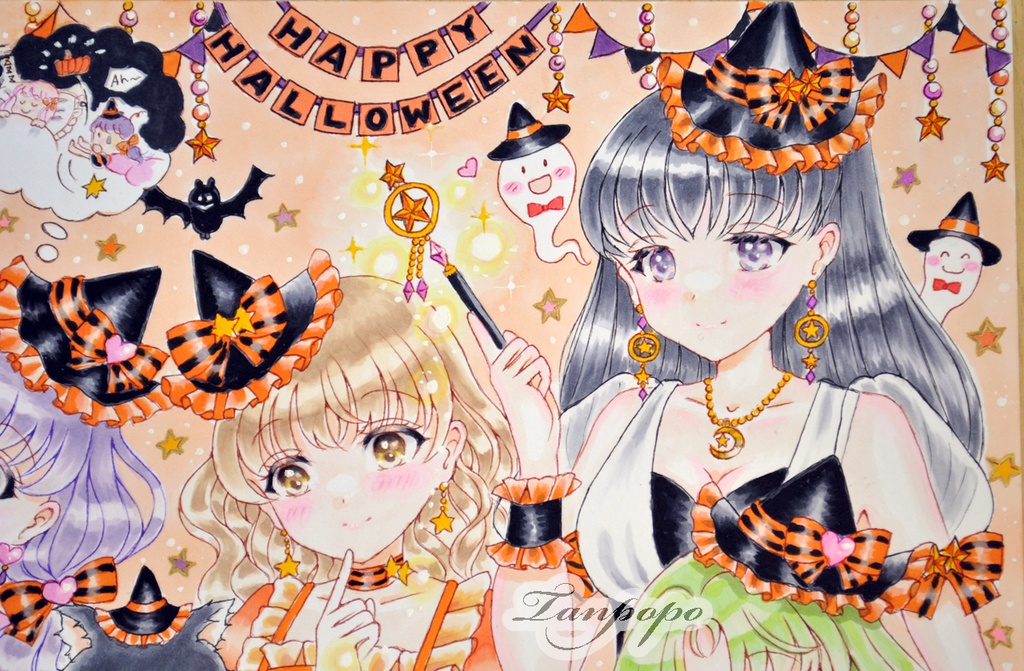 手描きイラスト原画 「7人の仲良し魔女さんたちのハロウィンパーティー」(おまけ漫画4枚・ラフ・過去イラストポストカード付き)