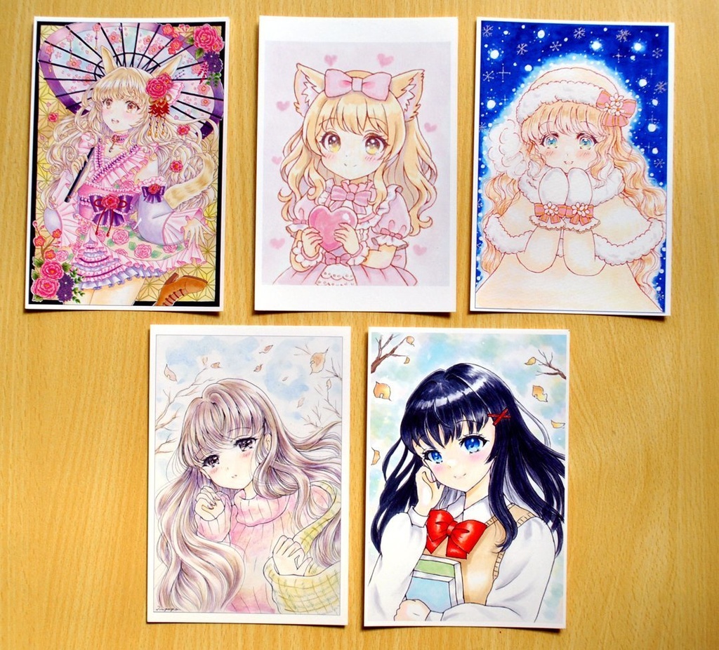 【複製】手描き アナログ イラスト オリジナル 年賀・冬ポストカードセット