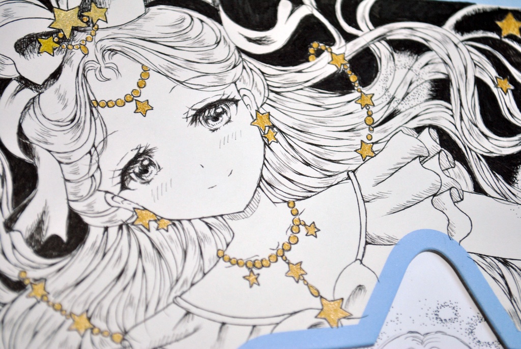 手描きイラスト アナログ 原画 「星に願いを」大色紙