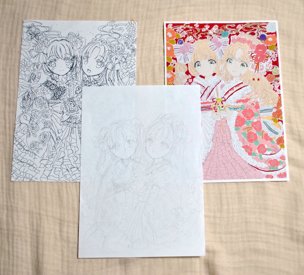 手描きイラスト アナログ 額装原画【年賀2025】A4サイズ スモールエス掲載作品 ラフ付き