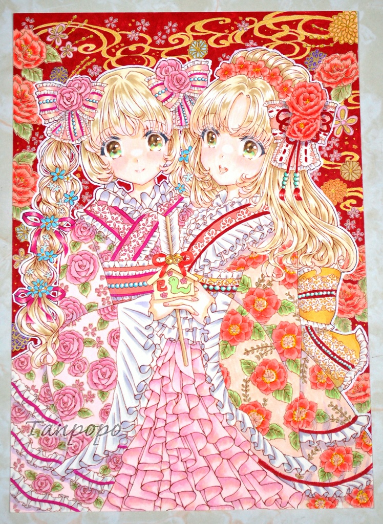手描きイラスト アナログ 額装原画【年賀2025】A4サイズ スモールエス掲載作品 ラフ付き