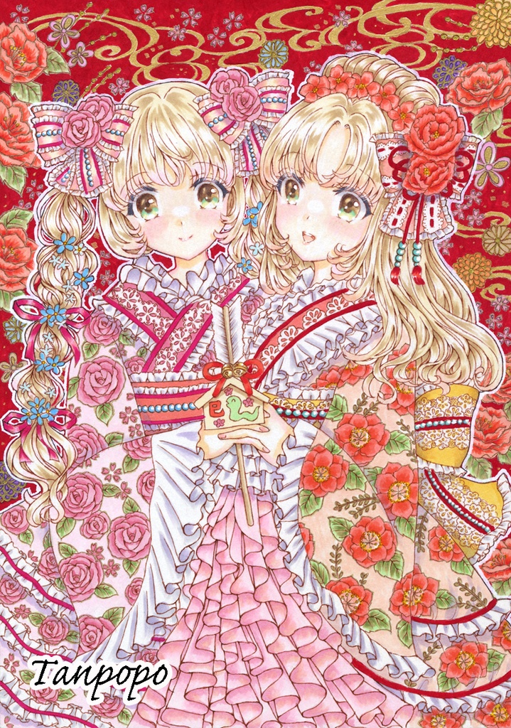 手描きイラスト アナログ 額装原画【年賀2025】A4サイズ スモールエス掲載作品 ラフ付き
