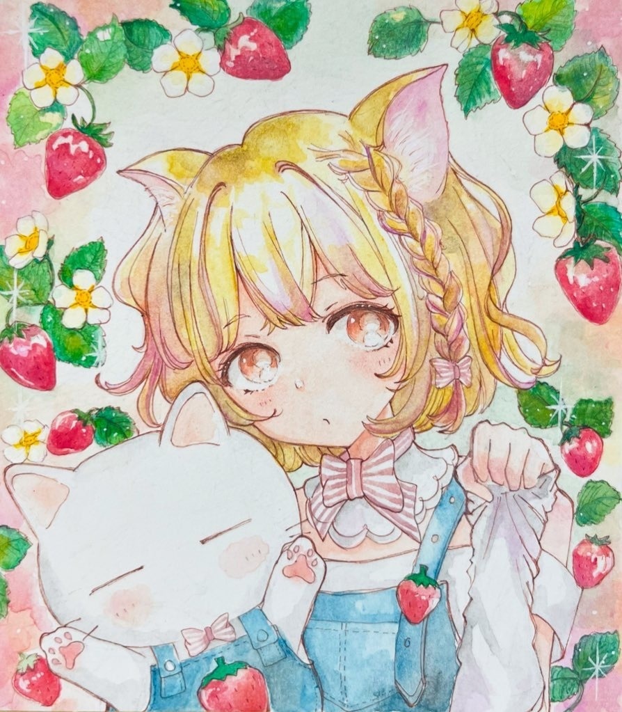 オリジナル手描きイラスト 『いちごちゃんと癒しねこ』ミニ色紙