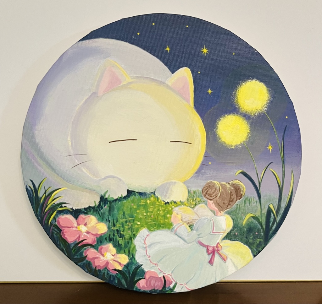 加筆版✨円形キャンバス原画『星空にゃんこ』